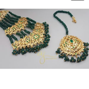 Indian jhumar Hyderabadi jewelry emerald, pearl stones tikka passa Pakistani jewellery Adaa Jewels Nizam gold plated head jewellery, Mehndi