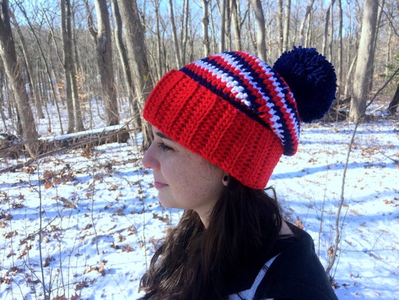 Handmade USA Adult Red, White & Blue Crochet Skull Cap Beanie - One Size Fits Most, Biker Style