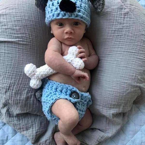 Baby Puppy Outfit Puppy Outfit for Baby Boys Crochet Dog Clothes Baby Boy Puppy Hat Blue Newborn Baby Puppy Dog Photo Prop Outfit