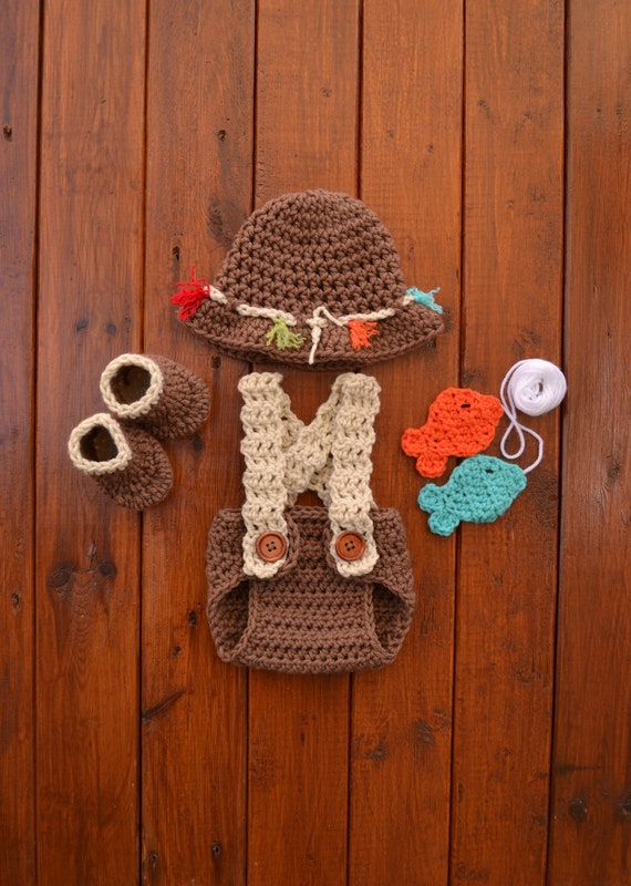 Newborn Photography Props Shoot Outfits Crochet Fishing Fisherman & Fish  Hat Diaper Shoes