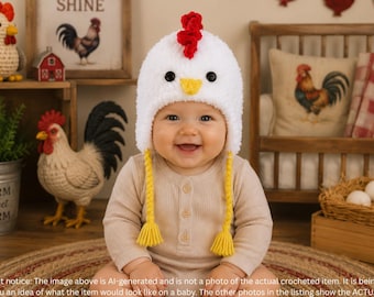 Crochet Baby Chicken Rooster Hat, Fluffy Yarn Photo Prop, Halloween Costume