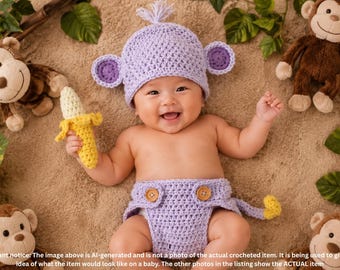 May include: A light purple crochet monkey hat with round ears and a top tuft, paired with matching crochet diaper cover shorts featuring two brown buttons and a yellow tail. The set includes a small yellow crochet banana toy accessory.