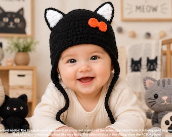 Black Cat Hat, Baby Cat Hat, Newborn Cat Hat, Crochet Black Cat Hat, Halloween Hat, Baby Boy Girl Cat Hat, Baby Photo Prop, Baby Shower Gift