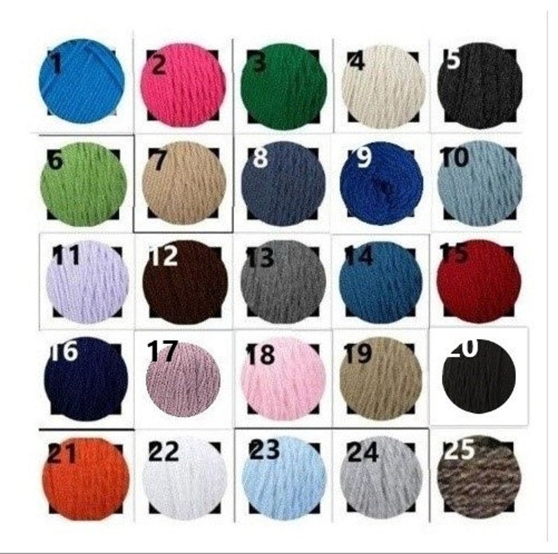 May include: A collection of 25 yarn balls in various colours, including blue, pink, green, white, black, red, brown, grey, orange, and beige. The yarn balls are numbered 1 through 25.
