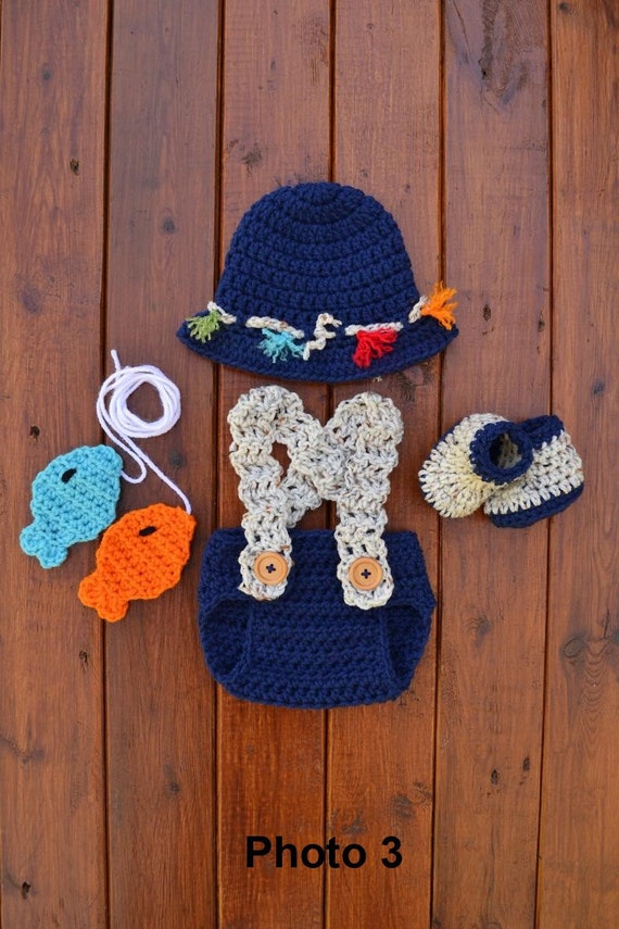 Crochet Newborn Baby Fishing Outfit, Fly Fishing Hat, Newborn Boy