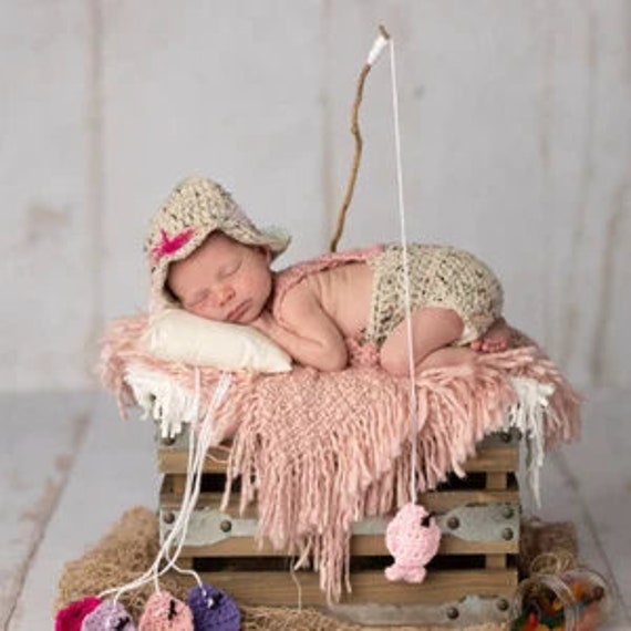 Etvy Newborn Fishing Outfit Girl Crochet Fishing Outfit Baby Girl Fishing Set Fishing Photo Prop Baby Girl Fishing Hat Newborn Photo Outfit