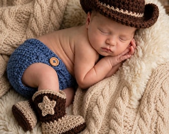 Newborn Crochet Cowboy Outfit: Hat, Boots, Diaper Cover
