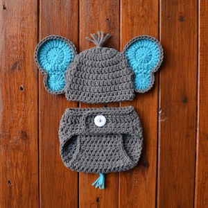 Elephant Baby Outfit, Crochet Baby Elephant Hat and Diaper Cover Set, Baby Elephant Costume, Newborn Boy Photo Outfit, Baby Photography Prop