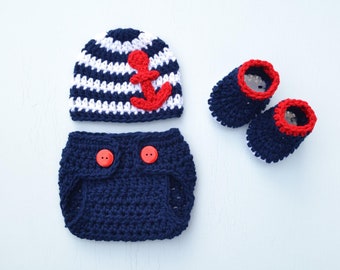 Crochet Sailor Navy Stripe Anchor Hat Diaper Cover Nautical Baby Outfit Baby Sailor Outfit Newborn Photo Outfit Boy Newborn Baby Photo Prop