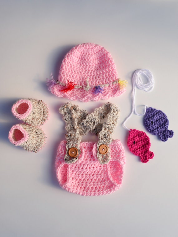 Newborn Fishing Outfit Baby Girl Fishing Outfit Crochet Fishing Outfit  Newborn Fishing Hat Fishing Photo Prop Pink Baby Girl Fishing Outfit