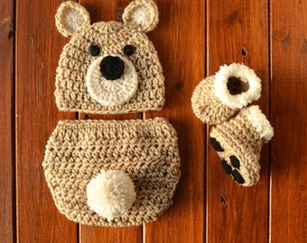 Handmade Newborn Bear Photo Prop Set - Crochet Hat, Diaper Cover & Booties For Baby Photography