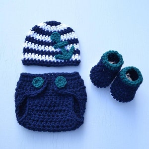 Crochet Sailor Navy Stripe Anchor Hat Diaper Cover Nautical Baby Outfit ...