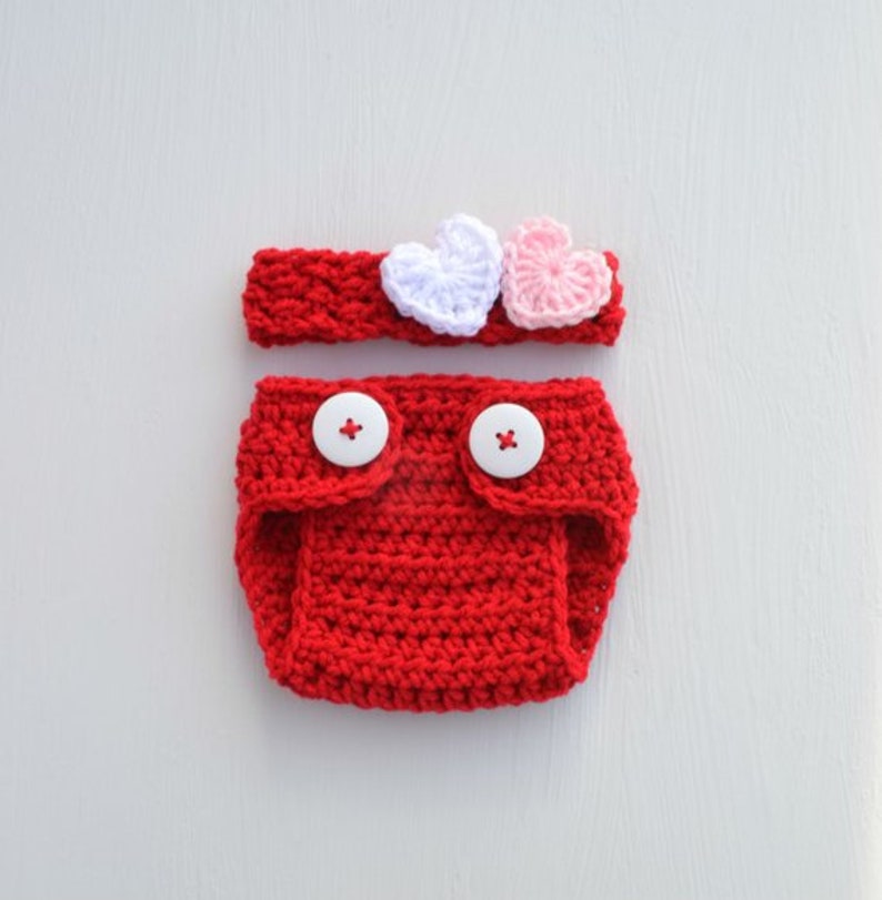 Crochet Baby Girl Valentines Day Set Outfit Valentine's Day Baby Headband Diaper Cover Set Baby Girl Photo Outfit Valentine's Day Outfit image 1