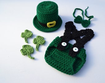 Crochet St Patrick's Outfit Crochet Baby St Patrick's Day Outfit Crochet Leprechaun Hat Diaper Cover Set for Photography Prop Newborn Boy