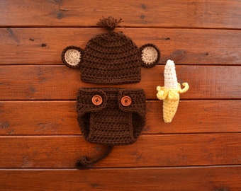 Newborn Crochet Outfit Monkey Newborn Monkey Outfit with Banana Photo Prop Baby Monkey Outfit Crochet Baby Animal Costume Baby Photo Prop