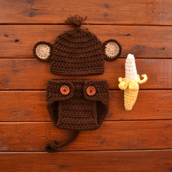 Newborn Crochet Outfit Monkey Newborn Monkey Outfit with Banana Photo Prop Baby Monkey Outfit Crochet Baby Animal Costume Baby Photo Prop