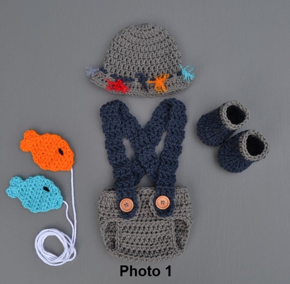 Crochet Newborn Baby Fishing Outfit, Fly Fishing Hat, Newborn Boy