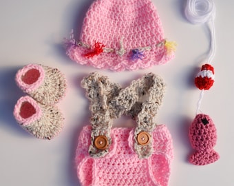 Newborn Fishing Outfit Baby Girl Fishing Outfit Crochet Fishing Outfit Newborn Fishing Hat Fishing Photo Prop Pink Baby Girl Fishing Outfit