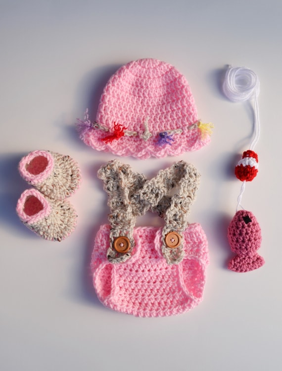 Newborn Fishing Outfit Baby Girl Fishing Outfit Crochet Fishing Outfit  Newborn Fishing Hat Fishing Photo Prop Pink Baby Girl Fishing Outfit