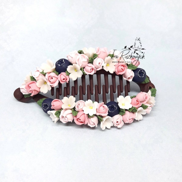 Flower hair comb, rose  flowers, lilac polymer clay flower, hair clip, hand made, banana comb