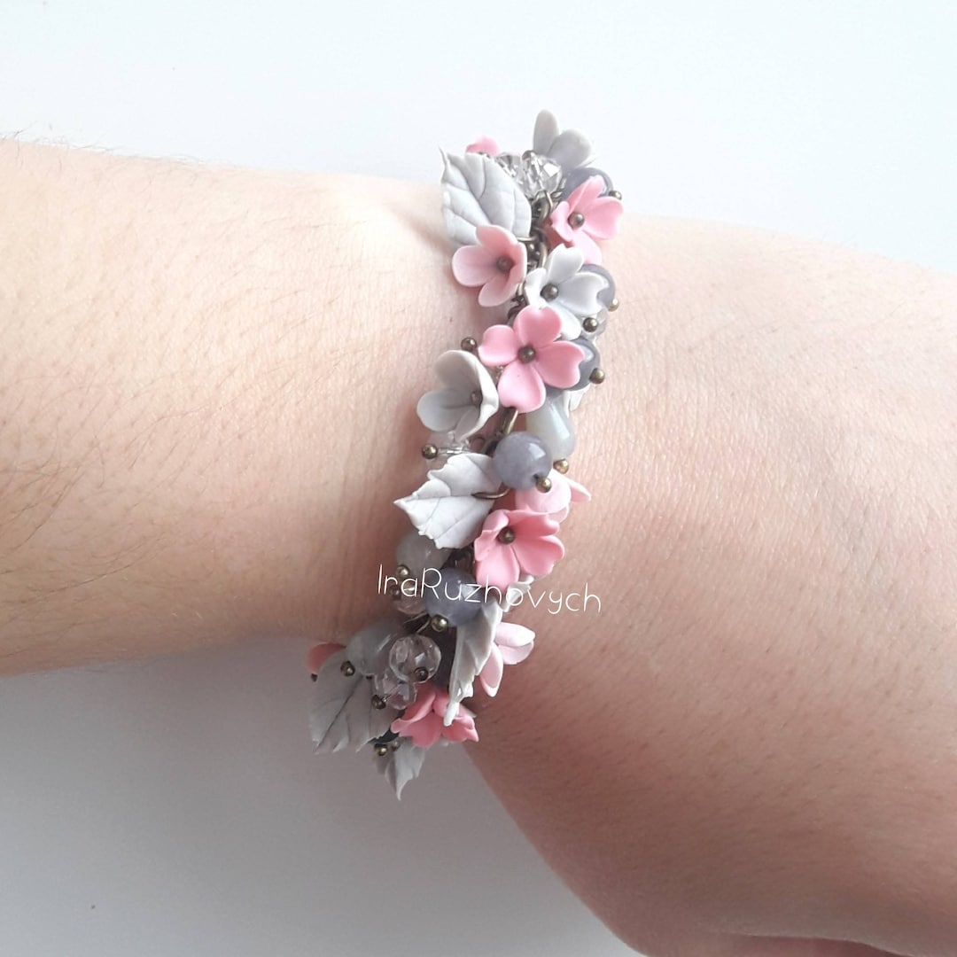 Polymer Clay Jewelry, Flower Charm Bracelet Handmade Flowers