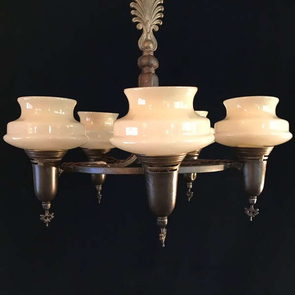 Exceptional Silhouette - Transitional Art Deco to Mid-Century Early Modern Antique Chandelier w 5 Creamy Rich Custard Glass Shades - Restore