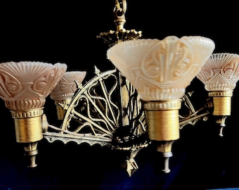 Restored Pair Avail -Selling Individually. Rare 1930 Lightolier Chandeliers for Historic Home- Striking Metal Work, Orig Paint Glass Shades