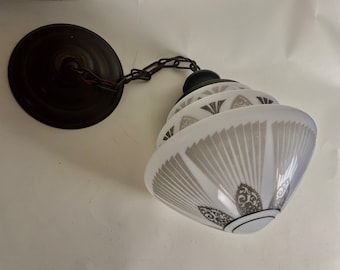 Antique Moe Bridges Art Deco 3-Tier Skyscraper Pendant Light, Brown-Grey Glass Shade