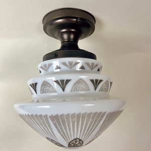 A Softer Shade of Grey -orig 3-tier Art Deco Skyscraper Glass Shade w Choice of Antique Semi-Flush Mount  or Longer Hanging Chain Fixture.