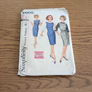 May include: A vintage Simplicity sewing pattern envelope, number 4605, for a Miss Size 14 with a 34-inch bust. The front features illustrations of three variations of a dress, including a sleeveless blue dress, a blue dress with white sleeves, and a patterned dress.