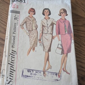 May include: A Simplicity 5881 sewing pattern envelope for a Miss size 16, bust 36 garment. The front features illustrations of three outfits consisting of jackets and skirts in floral, textured, and solid pink fabrics, with a blue ink stamp.