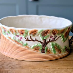 May include: Oval ceramic planter with a cream interior and a decorative exterior. The exterior features a tree and leaf design with brown, green, and orange hues. The planter has two branch-shaped handles and a ribbed, peach-coloured base.