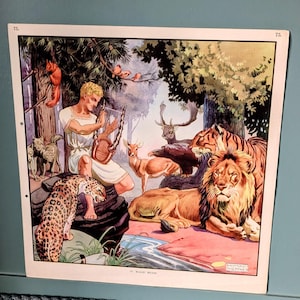Op de afbeelding: Vintage illustratie van een man die een lier bespeelt, omringd door dieren zoals een leeuw, tijger, hert en luipaard. Het kunstwerk heeft levendige kleuren en speelt zich af in een natuurlijke omgeving. De tekst "MAGIC MUSIC" staat onderaan.