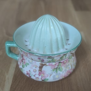 May include: A vintage ceramic citrus juicer with a floral pattern. The juicer has a green rim and a white base with pink and green flowers. The juicer has a green handle and a white, ribbed juicing cone.