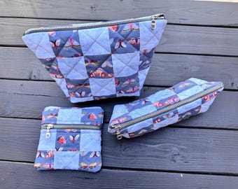Blue Flutter Folk Quilted Patchwork Zipper Pouch