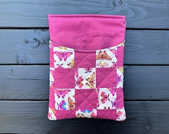 Pink Flutter Folk Small Quilted Patchwork Book or Tech Sleeve