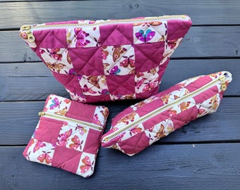 Pink Flutter Folk Quilted Patchwork Zipper Pouch