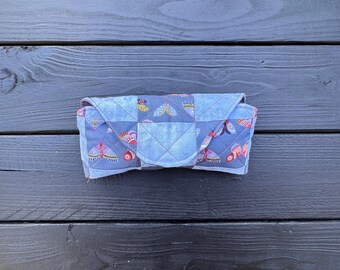 Blue Flutter Folk Soft Shell Quilted Patchwork Glasses Case