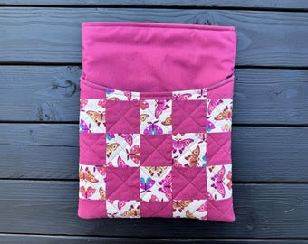 Pink Flutter Folk XL Quilted Patchwork Book or Tech Sleeve