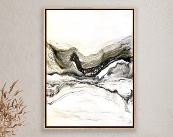 Black White and Gold Abstract Resin Art | Framed Painting | Abstract Landscape Mountains Lake | 20” x 26” Including Frame