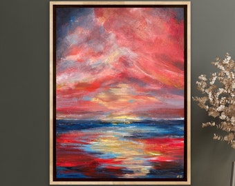 Colorful Sunset Ocean Lake Painting | 18" x 24" Plus Frame