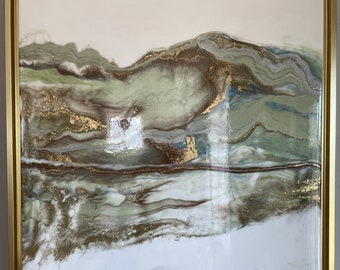 Landscape Resin Painting Mint Bronze Gold White 22" x 22" framed