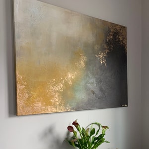 Large Painting Gold Leaf Abstract Yellow and Brown - 30&quot; x 40&quot; - &quot;Aerial Storm&quot;
