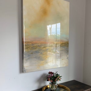 Large Landscape Abstract Gold and White Resin Painting, 30 x 40 on wood Endings are new Beginnings image 1