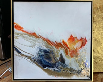 Resin Art Framed Painting Gold Red Navy "Fire and Ice" 24" x 24"