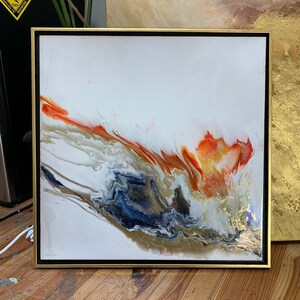 Resin Art Framed Painting Gold Red Navy &quot;Fire and Ice&quot; 24&quot; x 24&quot;
