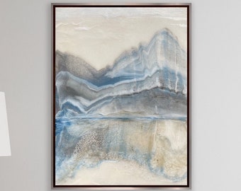 Blue Abstract Resin Art | Framed Painting | Blue and Gold Abstract Landscape Mountains Lake | Mirror Mirror | 18" x 24"