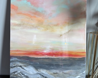 Relaxing Sunset Ocean Painting | Mixed Media Resin Wave | 16"x 20" | Pink Gold Gray White