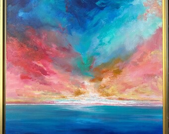 カラフルな夕日のオーシャンビーチの絵画 | 24インチ x 24インチ