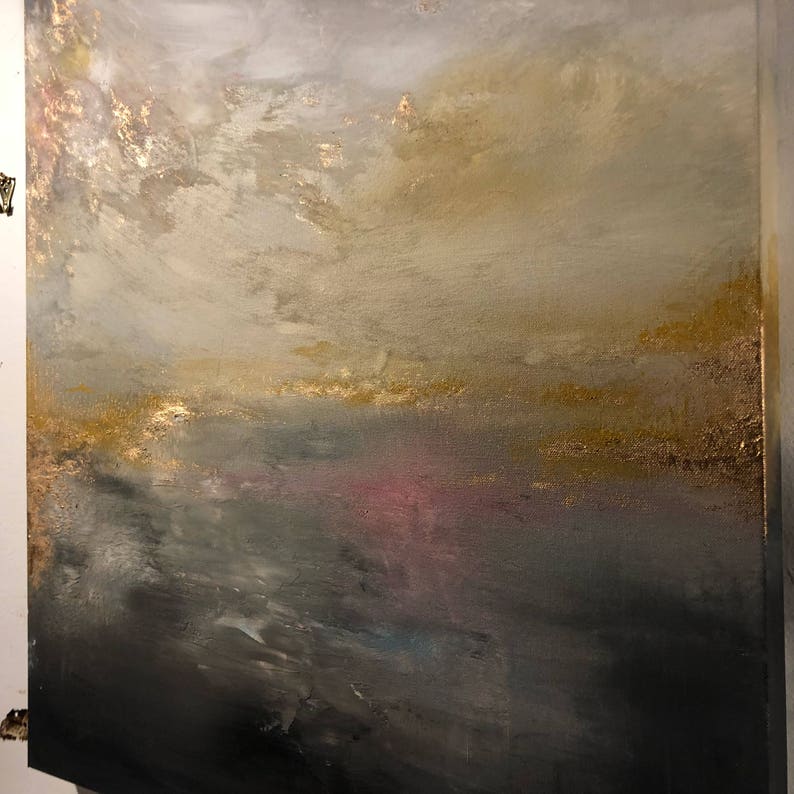 Gold Leaf Pink Grey Abstract Painting by ErinEliseArtiste 24 x 36 image 5